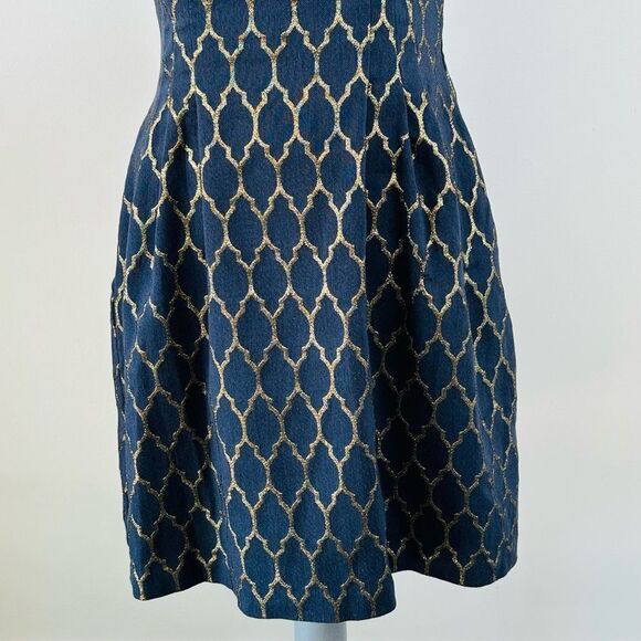 Vince Camuto SZ 6 Navy Gold Metallic Dress Stretch Fit/Flare Party Holiday - Picture 6 of 9